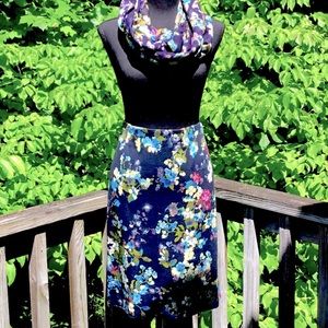 J Jill Navy Floral Ponte Knit Pencil Skirt & Matching Infinity Scarf